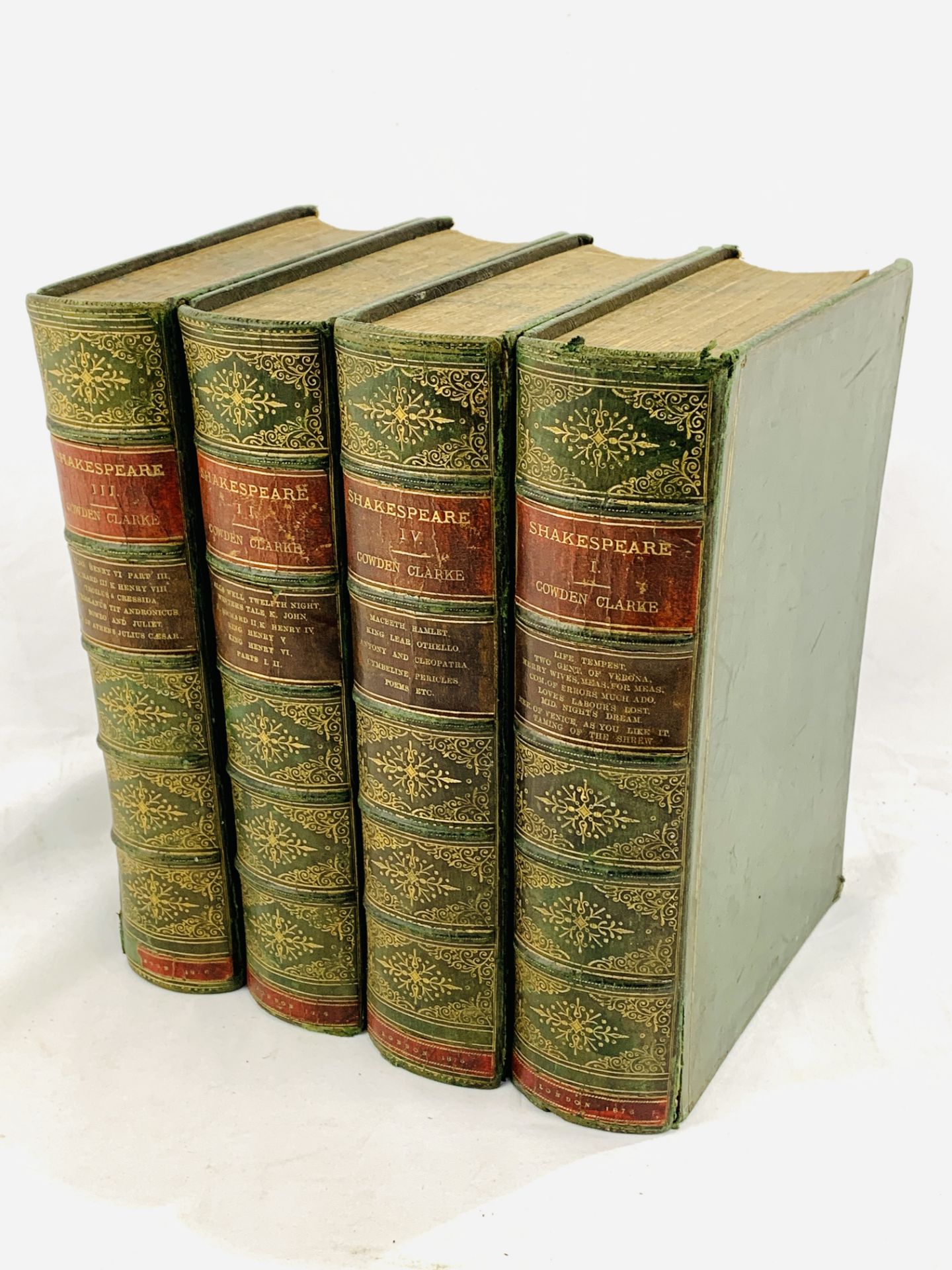 Shakespeare finely bound by Bickers in full green Morocco, 1876, volumes 1-4