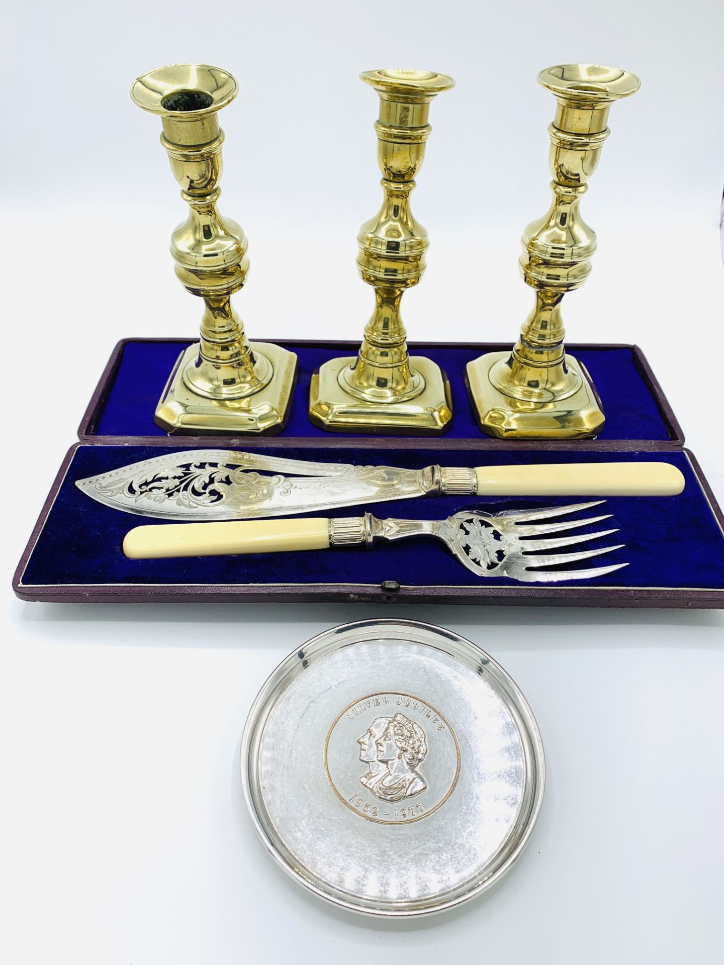 3 Georgian brass candlesticks, silver plated fish servers, and a silver plated Silver Jubilee salver - Image 3 of 3