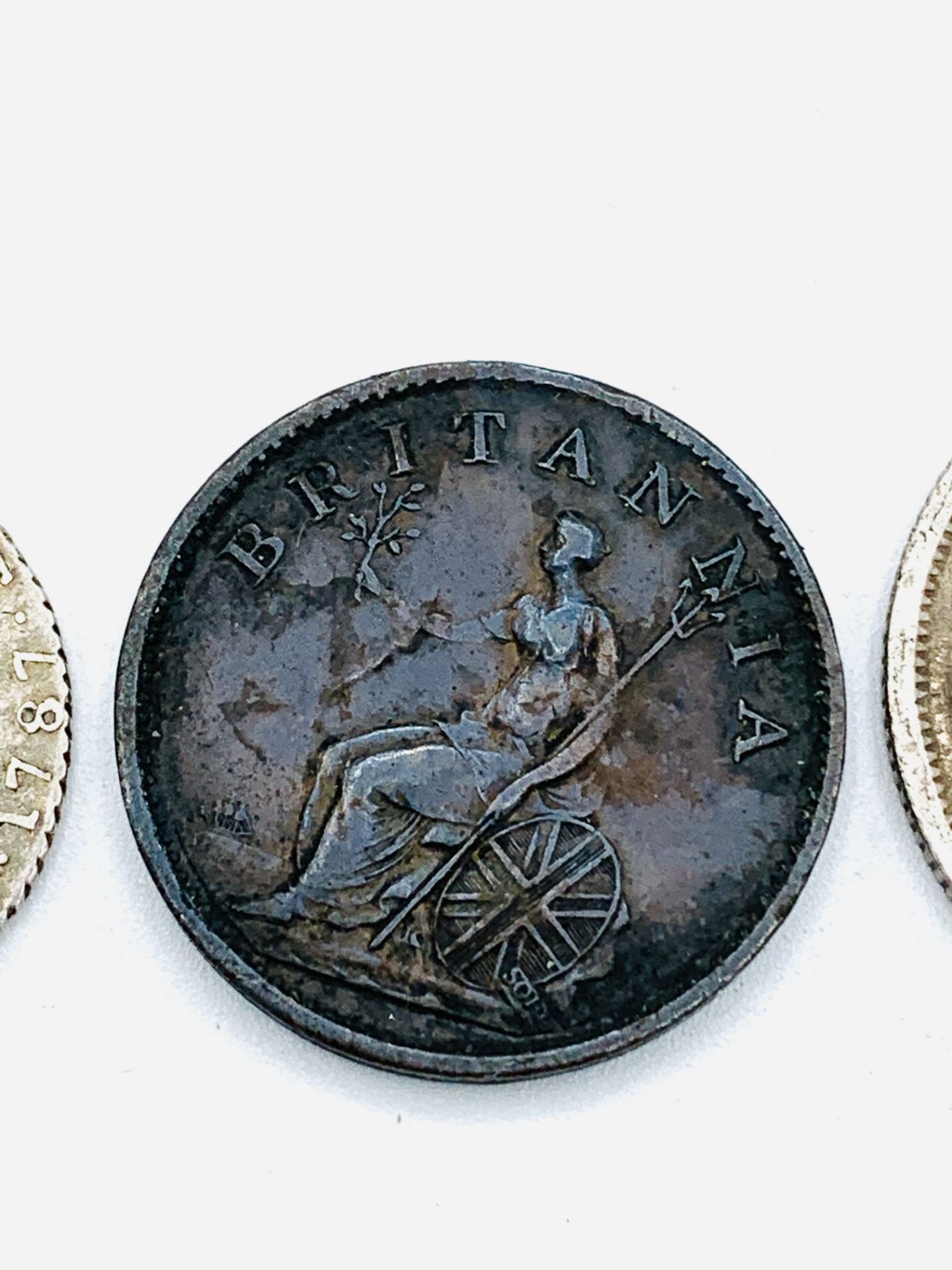 George III Silver Shilling 1787, a George III Silver Shilling 1817, and a George III penny 1806 - Image 5 of 6