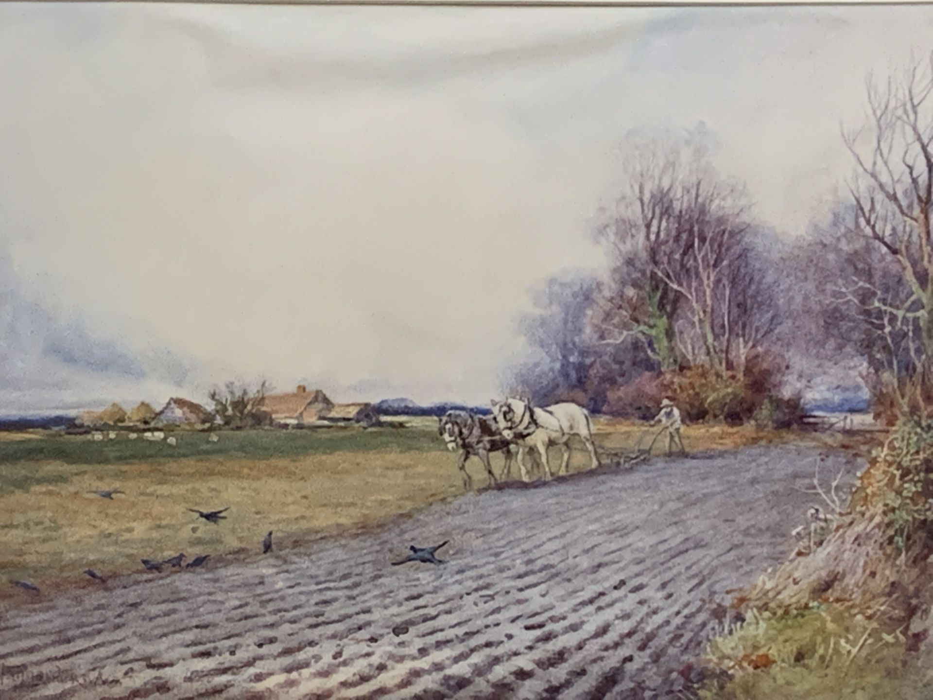 Henry John Sylvester Stannard RBA FRSA (1870-1951), watercolour of ploughing - Image 2 of 2