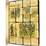 48 6-sided wooden puzzle blocks to make up 6 different pictures of 19th century European soldiers.