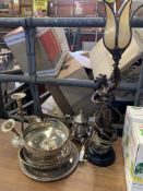 Spelter figural table lamp and 8 pieces of silver plate