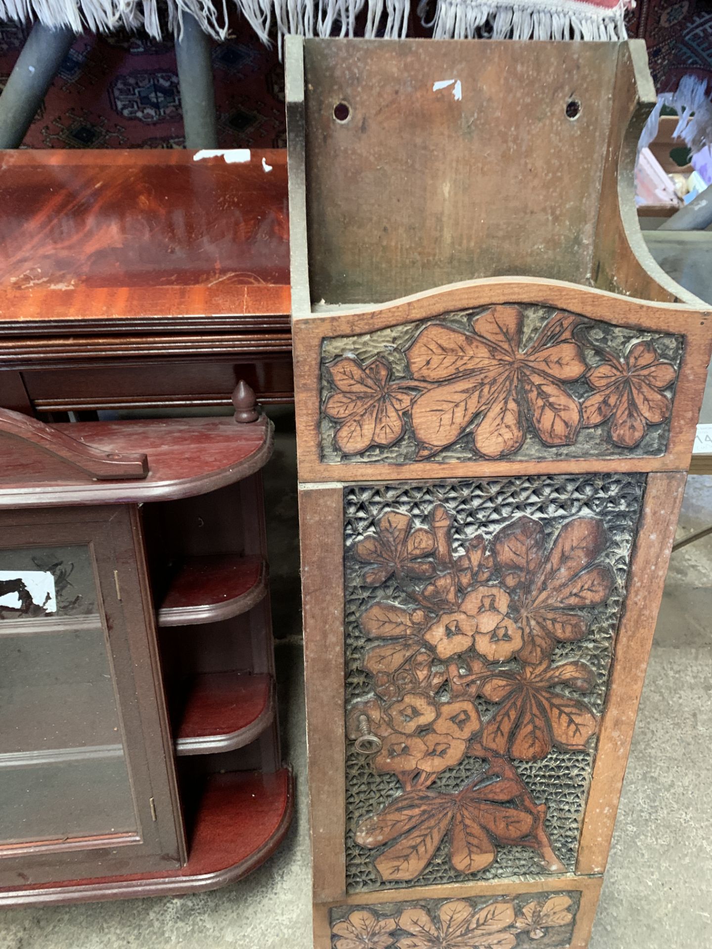 Carved wood wall mounted cupboard, another wall mounted cupboard and nest of 3 tables - Image 3 of 4