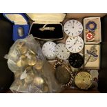 A quantity of curios including pocket watch, spares, silver thimbles and military buttons.