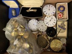 A quantity of curios including pocket watch, spares, silver thimbles and military buttons.