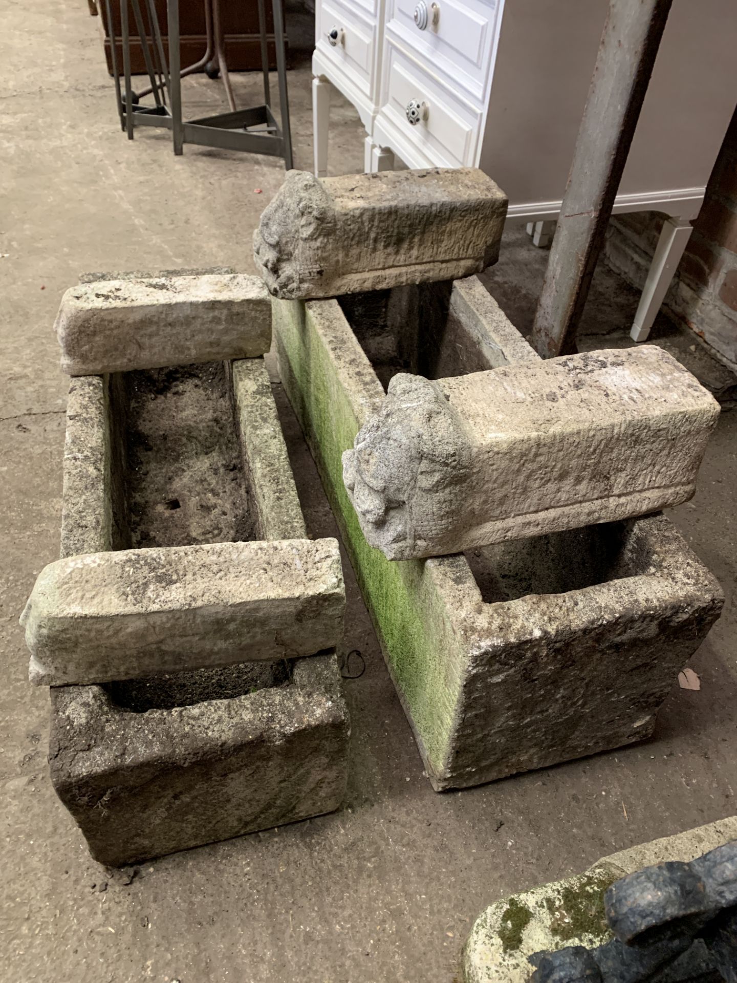 Two concrete troughs on stands, and a cast iron boot scraper - Image 3 of 4