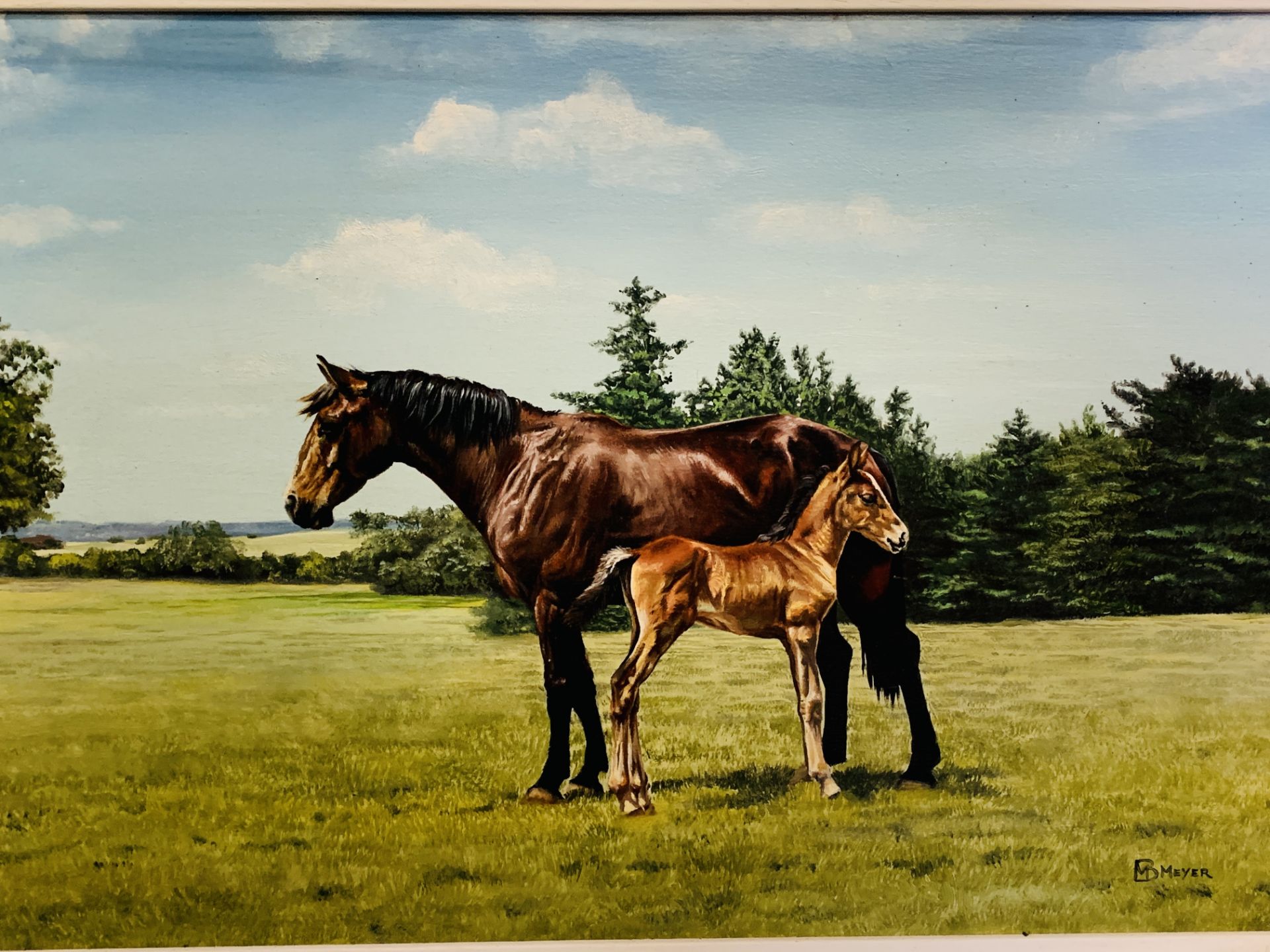 Framed oil on board painting of a mare and foal