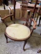 Mahogany framed high back low seat open elbow chair