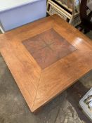Square oak low table decorated with four ceramic tiles