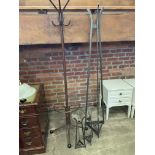 1950's style metal coat, stick and umbrella stand, and 3 metal tripods