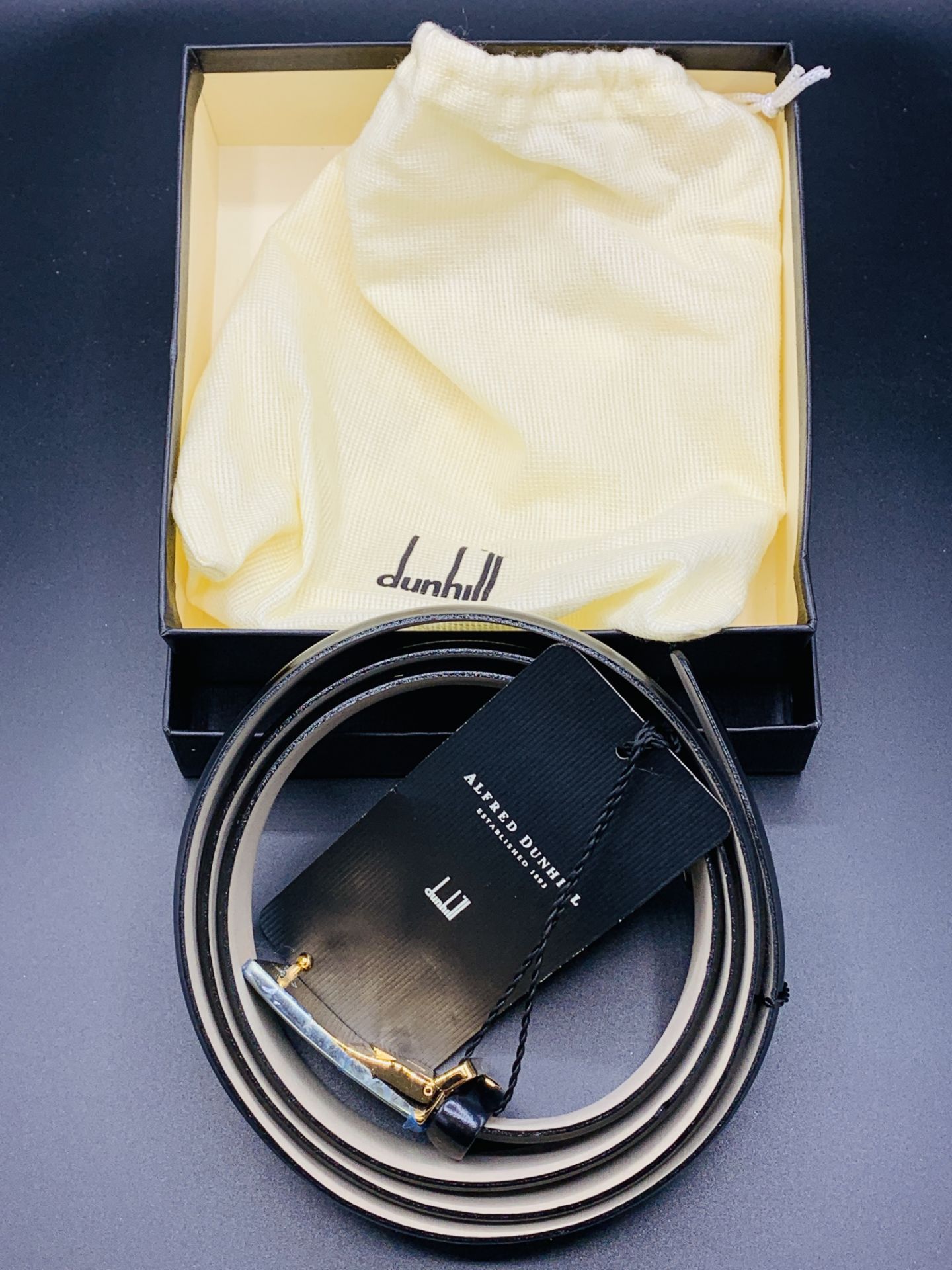 New Dunhill black leather belt in soft pouch and boxed