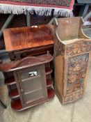 Carved wood wall mounted cupboard, another wall mounted cupboard and nest of 3 tables