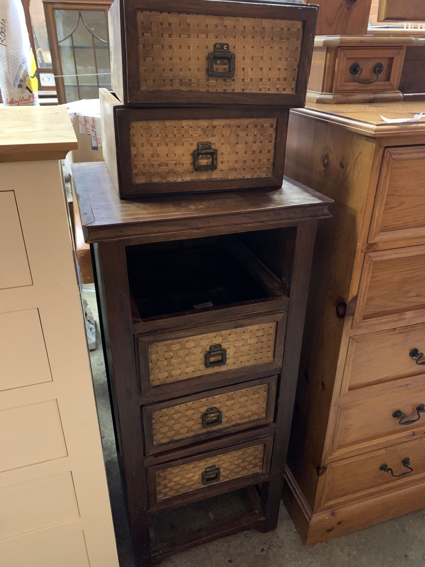 Small chest of three drawers; Pine open bookcase; hardwood chest of five drawers - Image 8 of 10