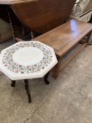 Oak low table with carved top together with an octagonal decorative floral inlaid white marble table