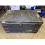 Metal bound black painted trunk with tarred fabric top