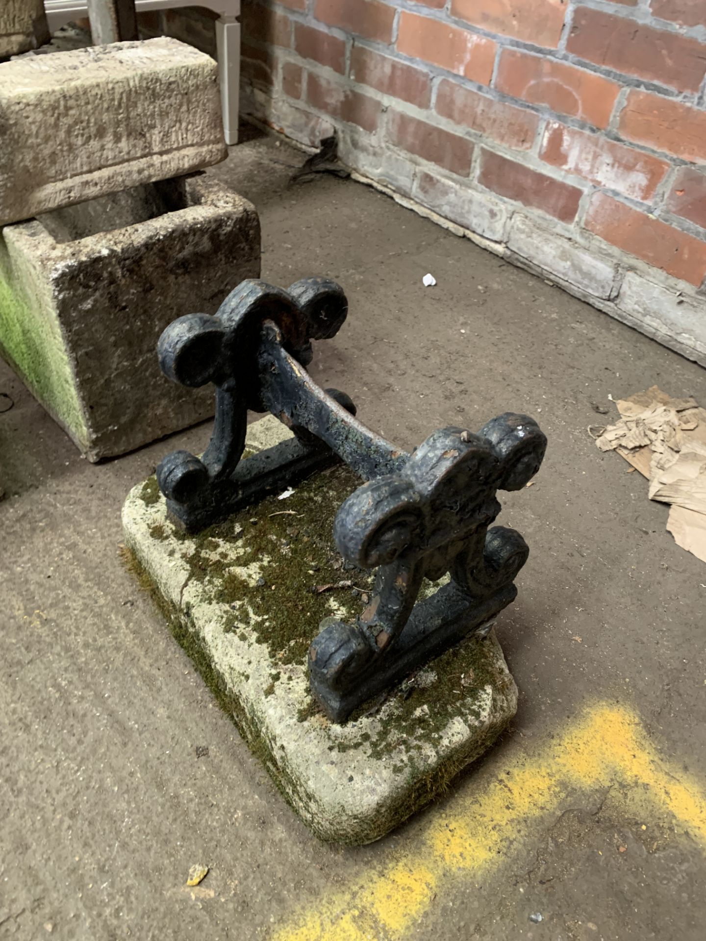 Two concrete troughs on stands, and a cast iron boot scraper - Image 2 of 4