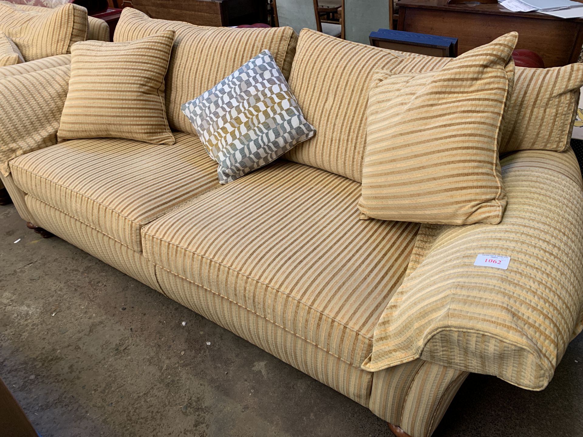 Three seat sofa upholstered in gold coloured striped fabric - Image 4 of 4