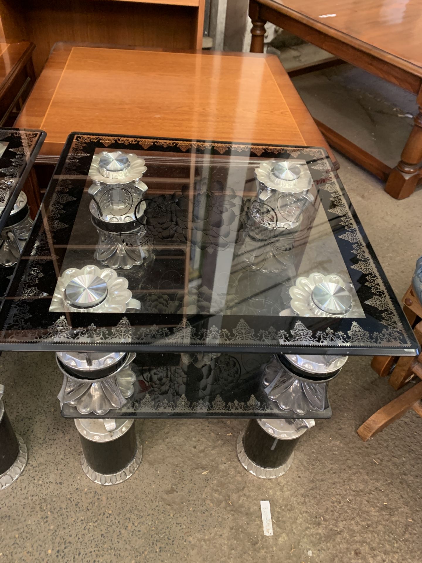 Pair of decorated glass low tables, with glass undershelf - Image 2 of 3