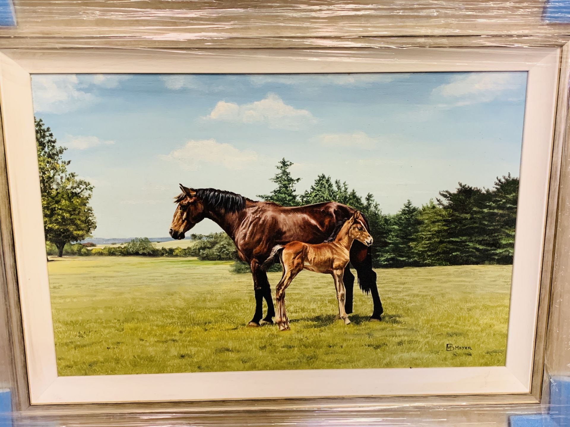 Framed oil on board painting of a mare and foal - Image 2 of 2