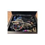Jewellery box with photo frame in lid containing a quantity of costume jewellery.