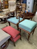 Mahogany brass inlaid coffee table together with Regency style open armchair and stools.