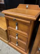 Small chest of three drawers; Pine open bookcase; hardwood chest of five drawers