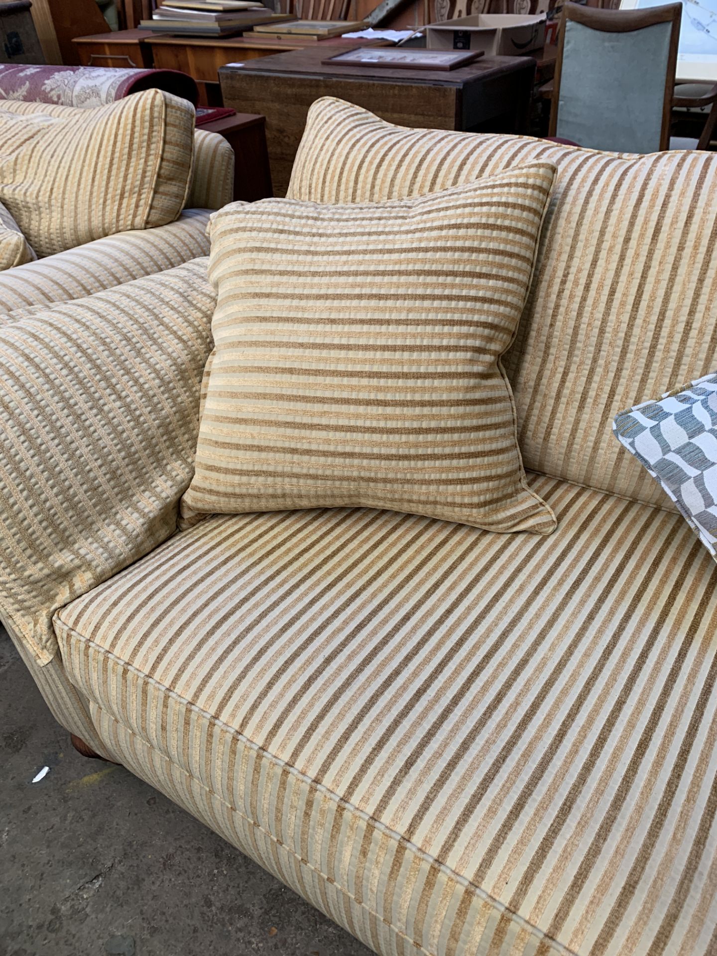 Three seat sofa upholstered in gold coloured striped fabric - Image 3 of 4