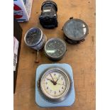 Two vintage car clocks and 2 aviator compasses