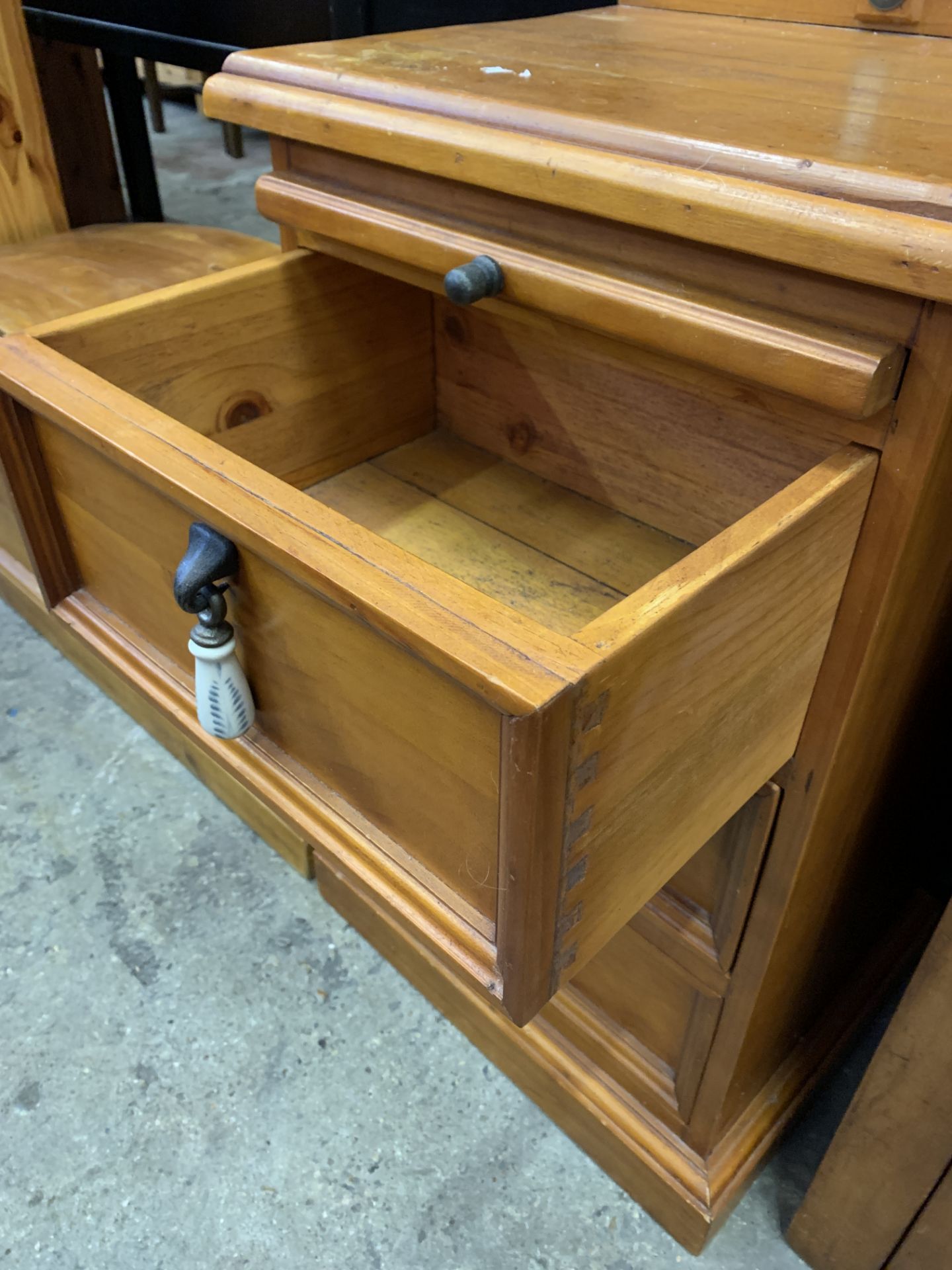 Small chest of three drawers; Pine open bookcase; hardwood chest of five drawers - Image 3 of 10