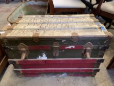 Metal bound wooden chest; together with a metal bound wooden tool box