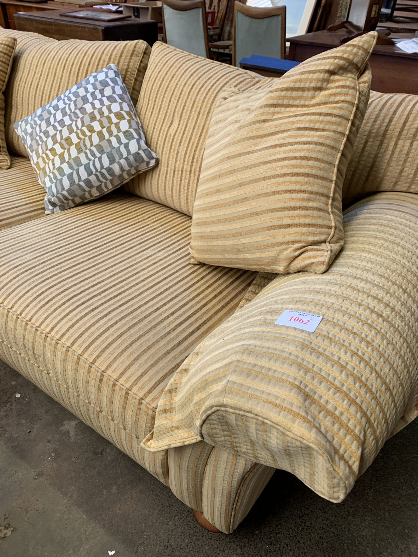 Three seat sofa upholstered in gold coloured striped fabric - Image 2 of 4