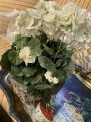 Three decorative metal trays and various pots