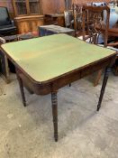 Victorian inlaid mahogany veneer fold over top gate leg card table with green baize