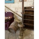 Coopered wooden barrel on stand and two other items