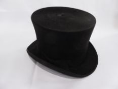 Black vintage silk top hat by Scott & Co., size 7.25 with gloves and a brush, and hat box