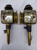 Pair of black/brass carriage lamps inscribed 'J. Warren, Old Pack Wing, Leighton Buzzard'