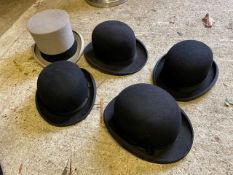 4 x black bowler hats and 1 x grey top hat