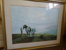 Framed picture entitled Ploughing on the Down by Coulson; image measures 51cms x 71cms and 1 other
