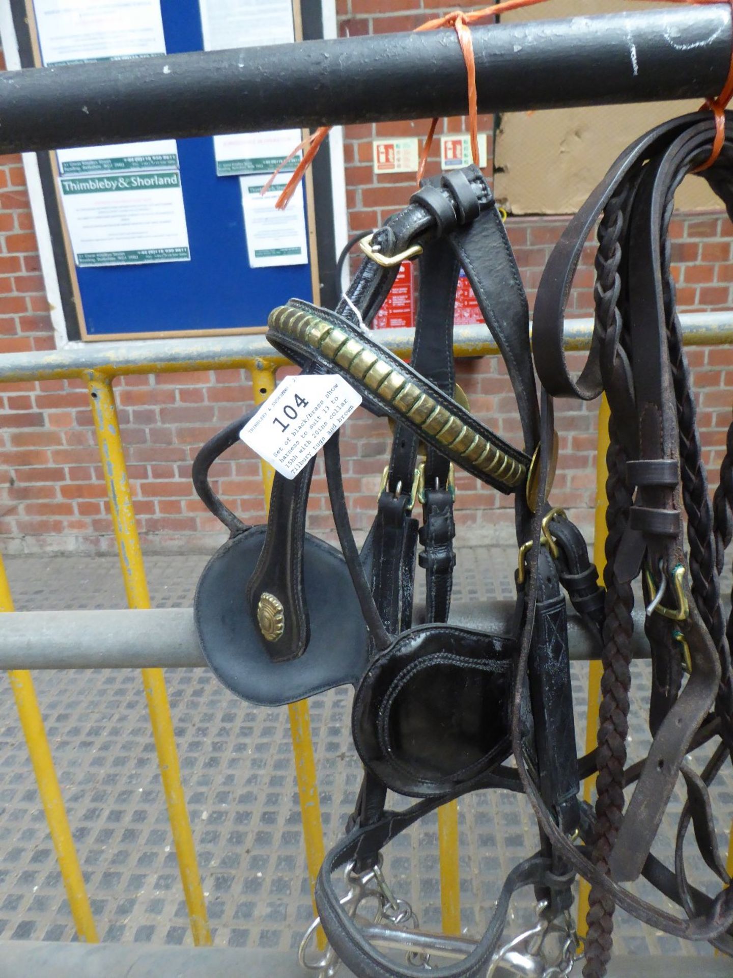 Set of black/brass show harness to suit 13 to 15hh with 20ins collar, Tilbury tugs and brown reins. - Image 3 of 3