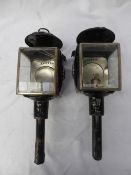 Pair of black/whitemetal square fronted carriage lamps with pie crust tops.