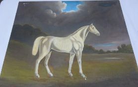 Unframed oil on canvas of a white horse