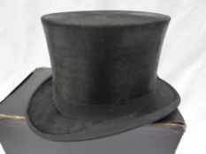 Black silk top hat size 7 1/8th with hat box, by Lincoln Bennett of Sackville Street, Piccadilly