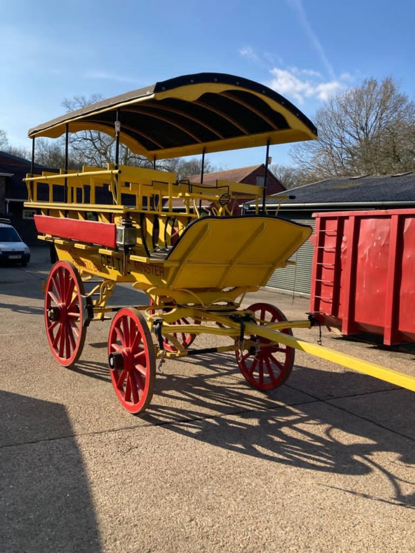 CHARABANC painted yellow and red with 21 wooden seats accessible via a rear staircase - Image 2 of 5