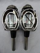 Pair of whitemetal carriage lamps with horseshoe fronts; in very good condition - carries VAT.