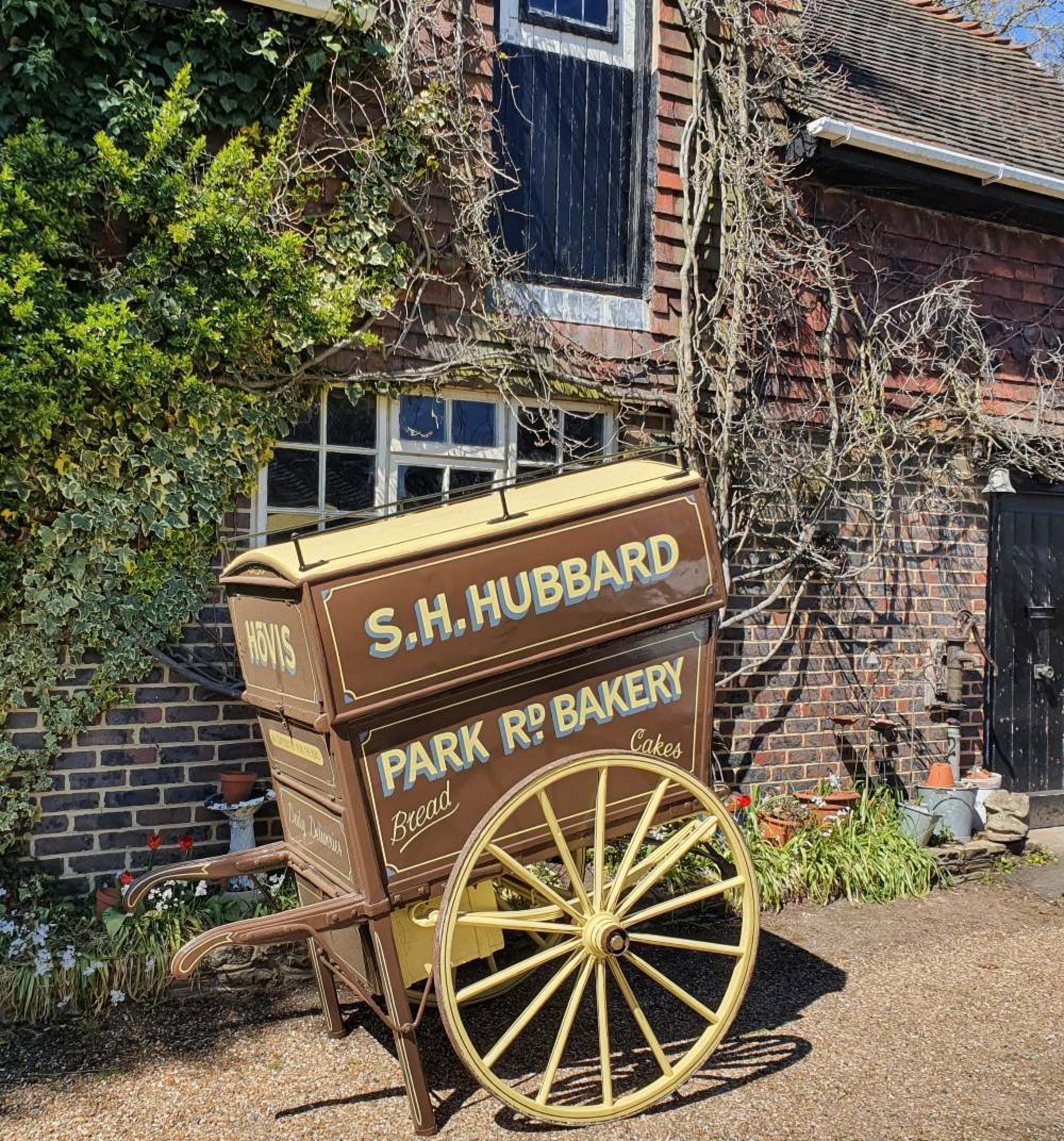 BAKER'S HAND CART, painted brown with cream signage