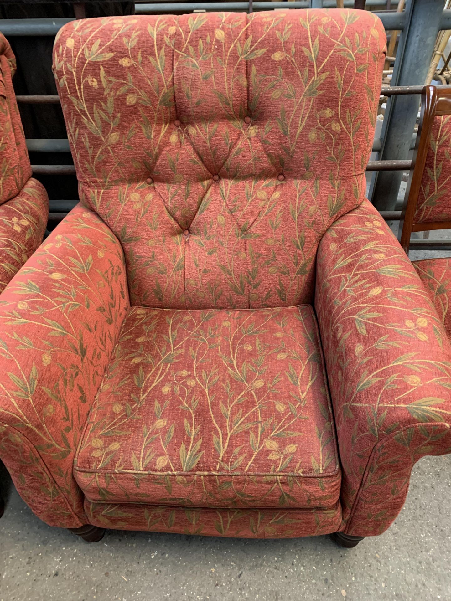 2 armchairs and an ottoman upholstered in dark red; together with a pair of dining chairs - Image 6 of 9