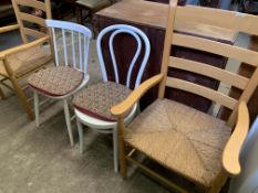 Pair of string seat ladder-back armchairs and 2 other chairs