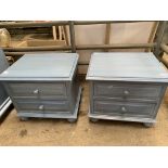 Pair of blue painted bedside chests of two drawers together with a matching chest of five drawers