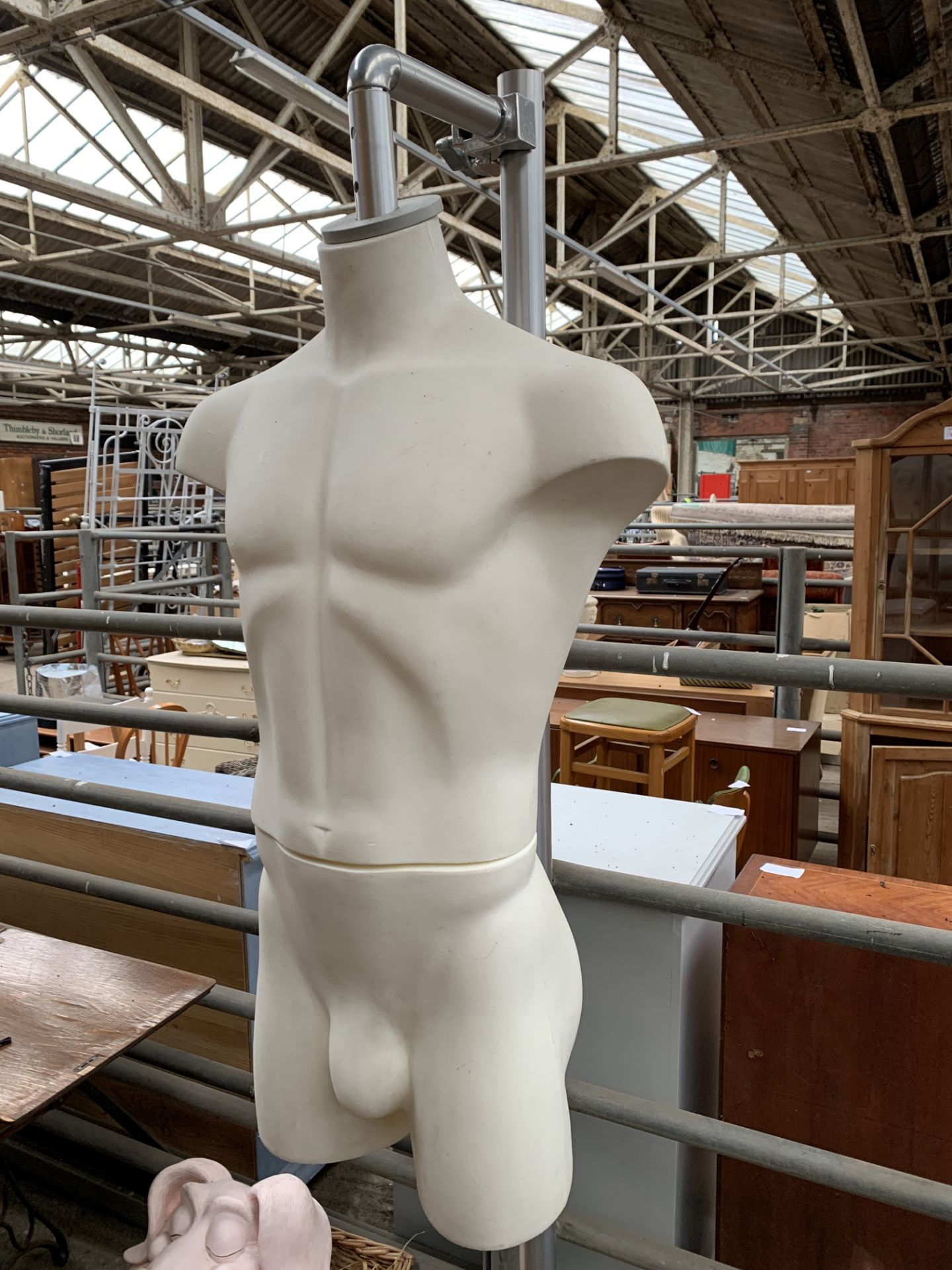 ALU male torso mannequin hanging from a metal support stand