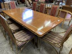Gilt metal and walnut veneer Italian style table with eight matching dining chairs